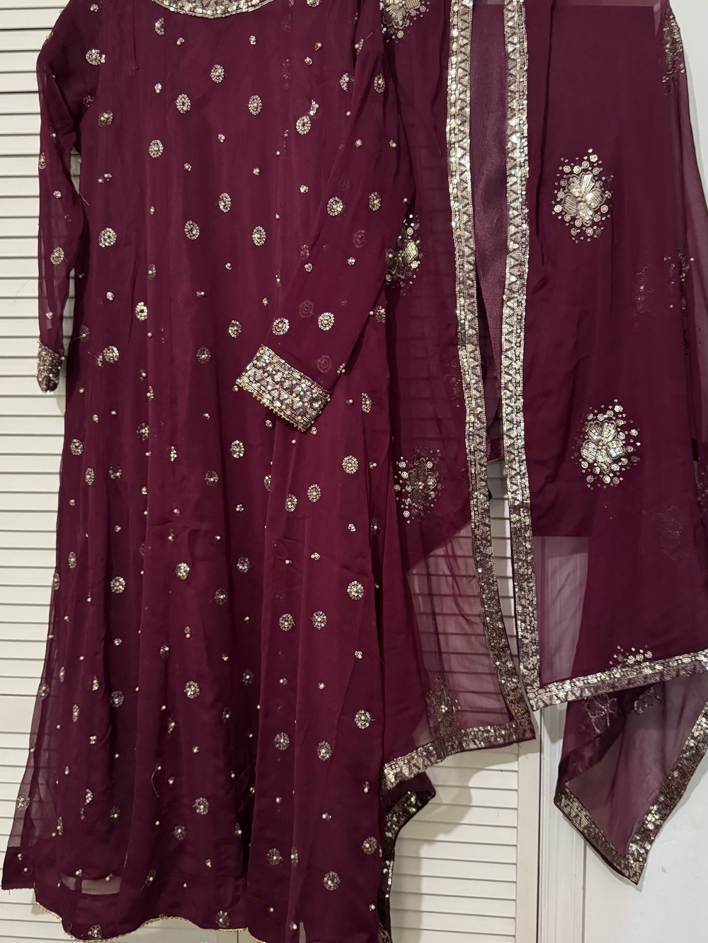 Elegant Women's Embellished Maroon Jacket & Dupatta Set